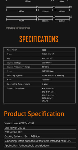 Aigo AK 700W PC PSU Power Supply Unit Black Gaming Quiet 120mm RGB Fan 24pin 12V ATX Desktop Computer Power Supply for BTC