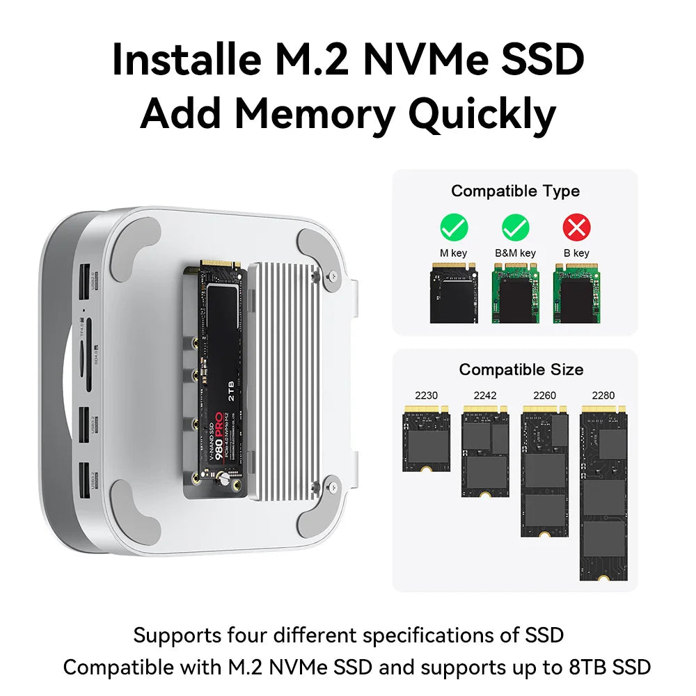 Mac mini USB C Hub with M.2 SSD Enclosure for Mac Mini M4/M4 Pro Stand Type-C Docking Station SSD Case USB3.2 Gen2 SD4.0 TF4.0