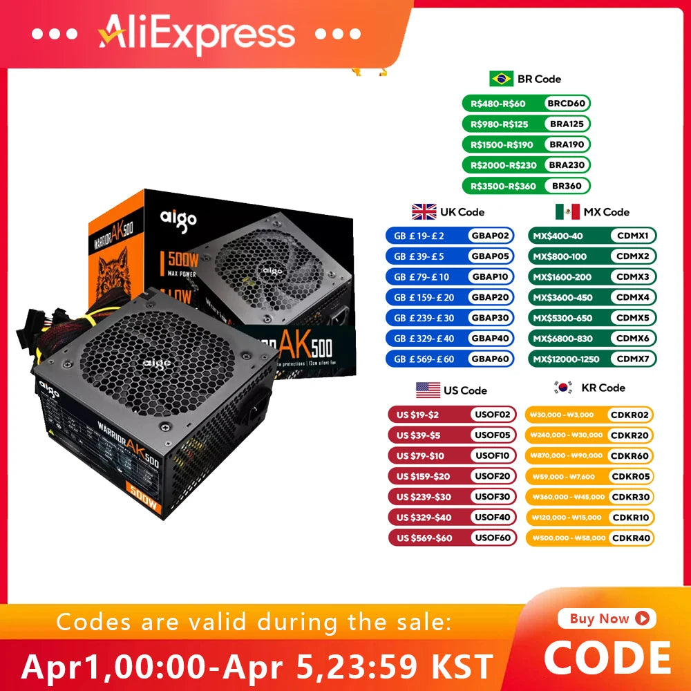 Aigo AK 500W PC PSU Power Supply Unit Black Gaming Quiet 120mm RGB Fan 24pin 12V ATX Desktop Computer Power Supply for BTC