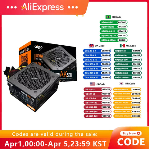Aigo AK 500W PC PSU Power Supply Unit Black Gaming Quiet 120mm RGB Fan 24pin 12V ATX Desktop Computer Power Supply for BTC