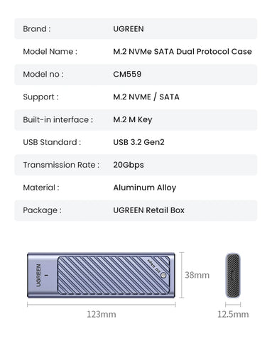 UGREEN M2 SSD Case M.2 NVMe SATA SSD Enclosure Adapter 20Gbps USB 3.2 Gen2 USB C External Enclosure Supports M and B&M Keys