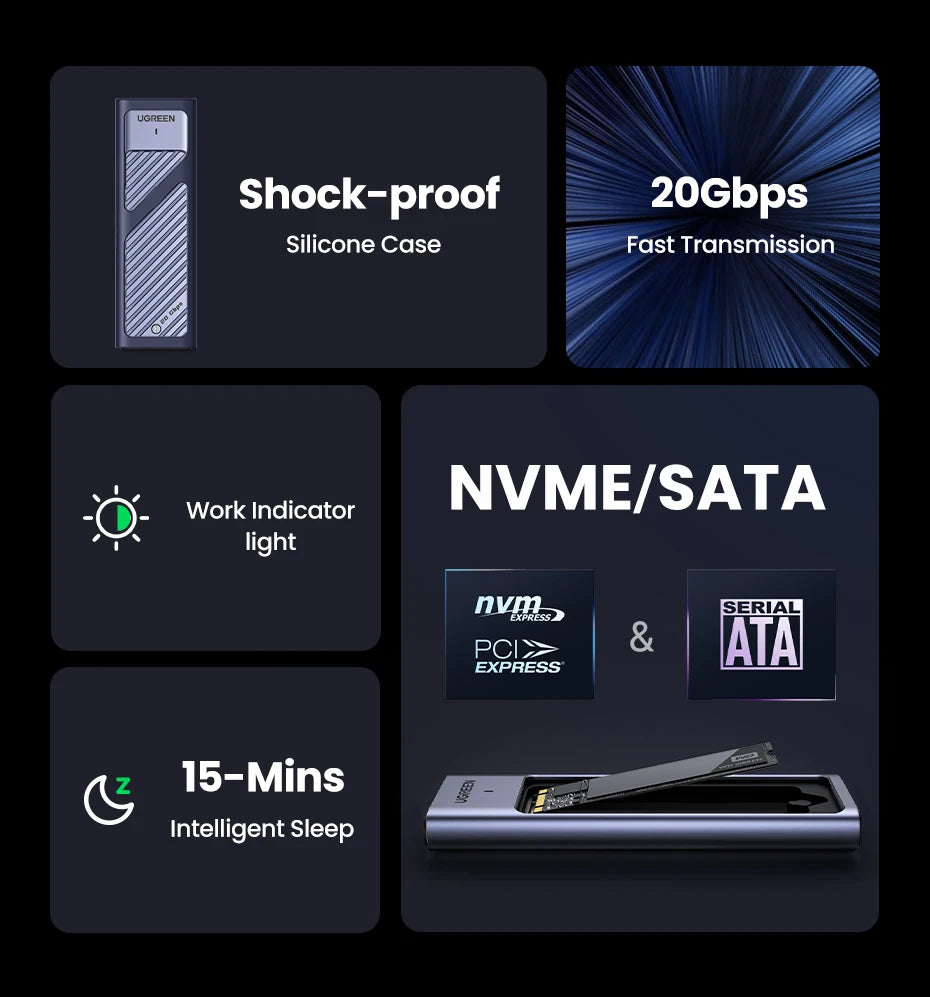 UGREEN M2 SSD Case M.2 NVMe SATA SSD Enclosure Adapter 20Gbps USB 3.2 Gen2 USB C External Enclosure Supports M and B&M Keys