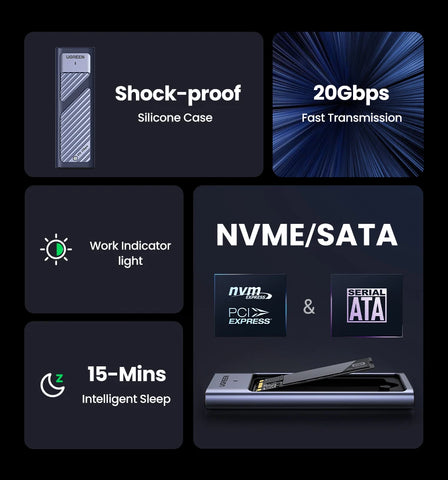 UGREEN M2 SSD Case M.2 NVMe SATA SSD Enclosure Adapter 20Gbps USB 3.2 Gen2 USB C External Enclosure Supports M and B&M Keys