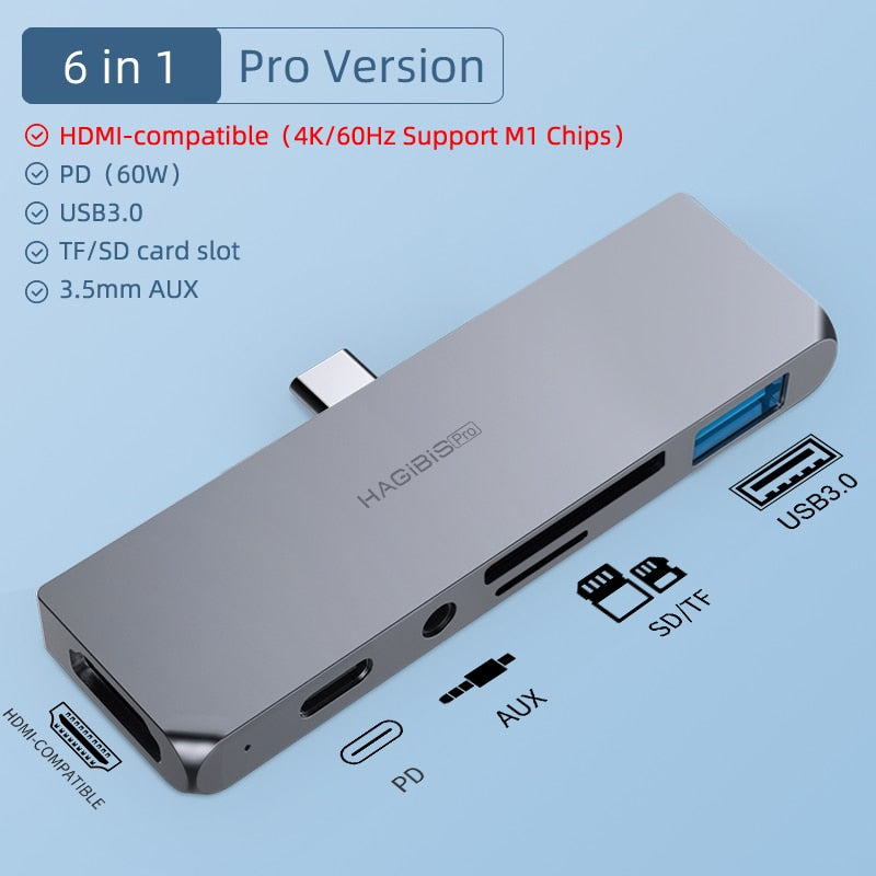 Adaptador Hagibis USB C HUB TYPE-C a compatible con HDMI, convertidor de puerto USB 3,0 de carga PD de Audio de 3,5mm para iPad Pro Macbook Laptop