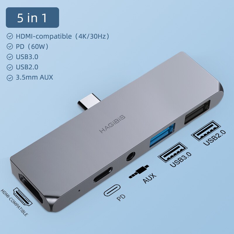 Hagibis USB C Hub Typ-C zum HDMI-kompatiblen Adapter 3,5 mm Audio PD-Lade-USB 3.0-Portkonverter für iPad Pro MacBook Laptop