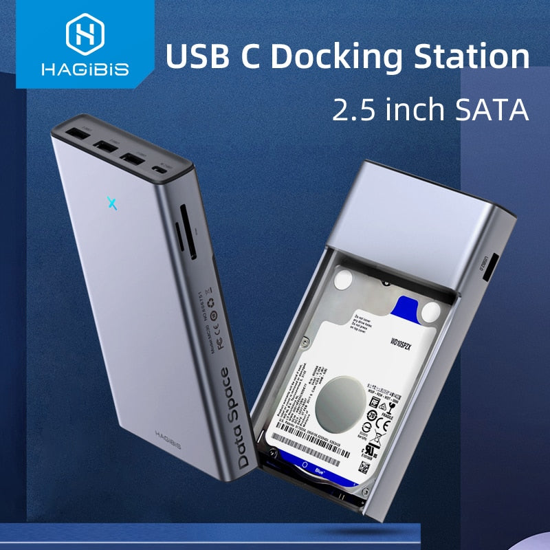 Hagibis USB C HUB with Hard Drive Enclosure 2.5 SATA to USB 3.0 Type C Adapter for External SSD Disk HDD case